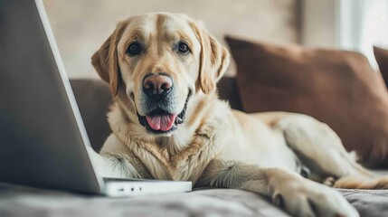 Smiling woman enjoying quality time with pet dog at home with laptop   bright and cheerful image