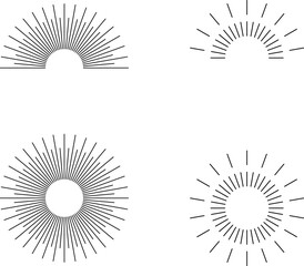 Vintage sunburst set. Bursting rays sunrise firework starburst blast, Radiant Spark. Rays. Geometric Design Elements. Retro radiant sunburst, starburst hand drawn label, sun rays. Vector