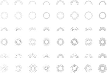 Vintage sunburst set. Bursting rays sunrise firework starburst blast, Radiant Spark. Rays. Geometric Design Elements. Retro radiant sunburst, starburst hand drawn label, sun rays. Vector