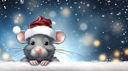 Cartoon style of happy mouse in red santa hat outdoor with festive Christmas background with copy space. Year Of The Mouse illustration. Rat celebrating winter holidays. Template for greeting card.