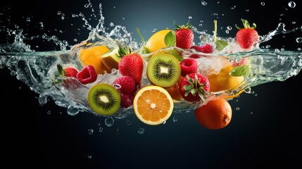  a bunch of fruit is splashing into a glass of water with a splash of water on top of it.