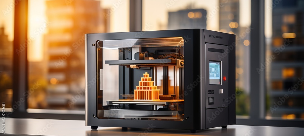 Poster blurred bokeh background with 3d printer crafting intricate object, highlighting detailed layers