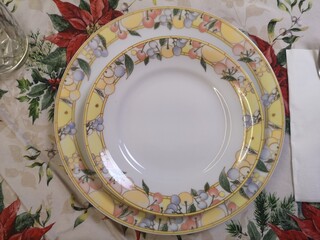 soup plate and ceramic top worked on tablecloth-