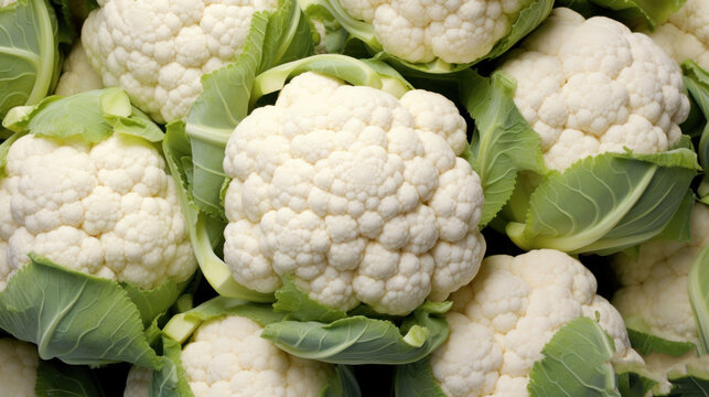  a pile of cauliflower with green leaves on it's sides and leaves on the top of the cauliflower.