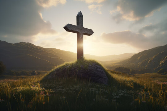 Old cross sits on a mound field at sunrise, traditional british landscapes, mountainous Scottish vistas. Celtic Religion, Historical Site