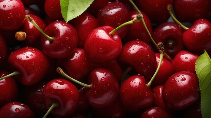  a close up of a bunch of cherries with a green leaf on the top of one of the cherries.