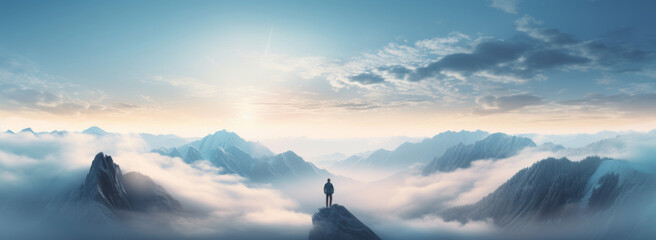 Man standing on top of a mountain surrounded by clouds. Business success climbing to the top concept