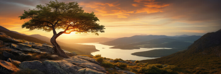 Lone tree standing on a rocky hill overlooking a lake bathed in a warm sunset, Scottish landscapes, panorama. Success concept - Powered by Adobe