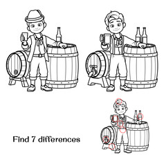 A boy with a glass near the barrels. Find 7 differences. Tasks for children. vector illustration