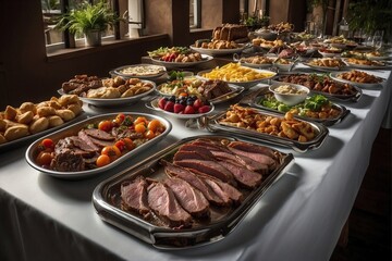 Buffet filled with a variety of different dishes, happening, cauldrons