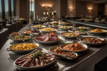 Buffet filled with a variety of different dishes, happening, cauldrons