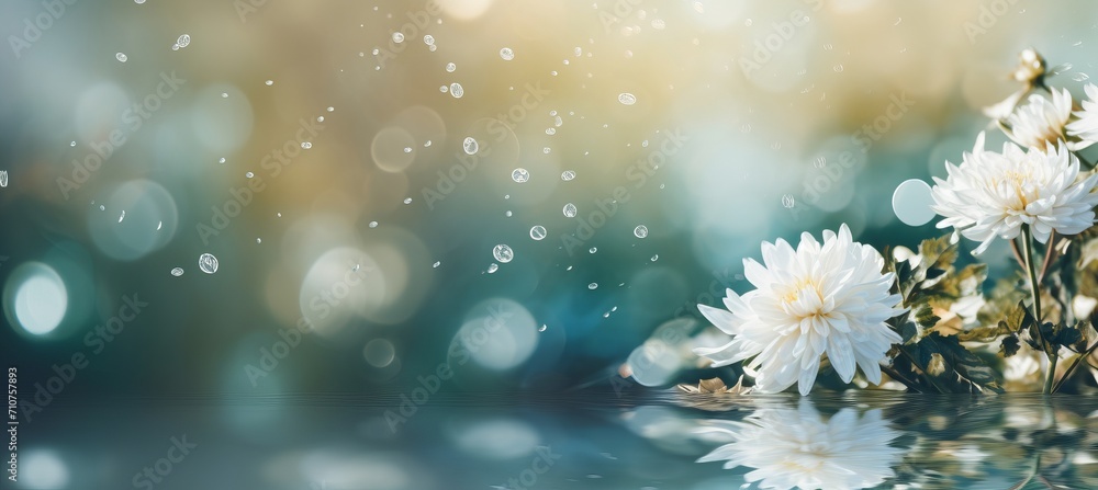 Poster elegant white chrysanthemum on enchanting bokeh background with spacious text placement on left side
