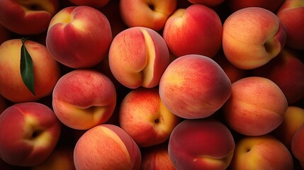  a pile of peaches with a green leaf on top of one of the peaches is in the middle of the pile.