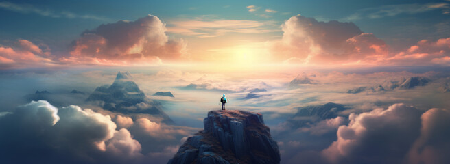 Man standing on top of a mountain surrounded by clouds. Business success climbing to the top concept - obrazy, fototapety, plakaty