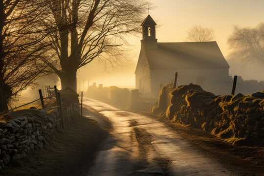 Old mysterious church with a fence and graveyard , atmospheric woodland landscapes, lens flares, misty atmosphere at sunset