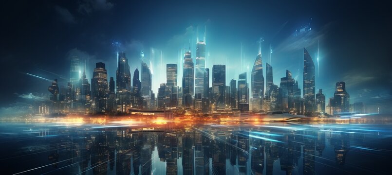 Futuristic cityscape with neon lights and bokeh background of drones delivering finance services - Powered by Adobe