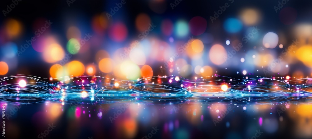 Poster blurred bokeh effect with glowing tech symbols and futuristic visuals in bright colors