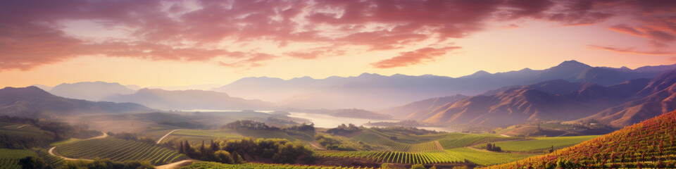 French sunset in the vineyards with grapes and mountains. Landscape vista