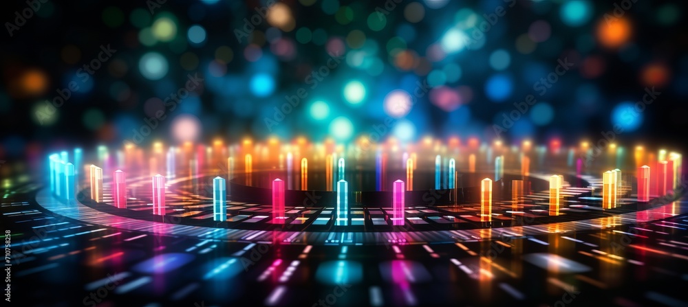 Aufkleber blurred bokeh effect with glowing tech symbols and futuristic visuals in bright colors
