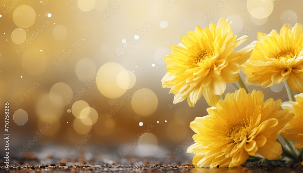 Poster yellow chrysanthemum on isolated magical bokeh background with copy space for text placement