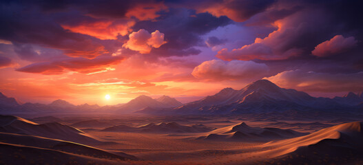 Sunrise over sunset against the sand dunes, of a red desert landscapes. sand dune knoll with a...