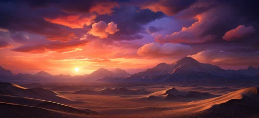 Fotobehang Sunrise over sunset against the sand dunes, of a red desert landscapes. sand dune knoll with a stunning desert sunset backdrop, background. © MD Media