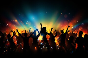 Energetic bokeh effect with vibrant stage lights and silhouettes  entertainment themed backdrop