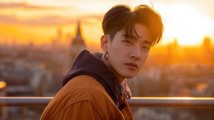 Stylish young korean model guy jacket outdoors at golden hour in london city looking at camera