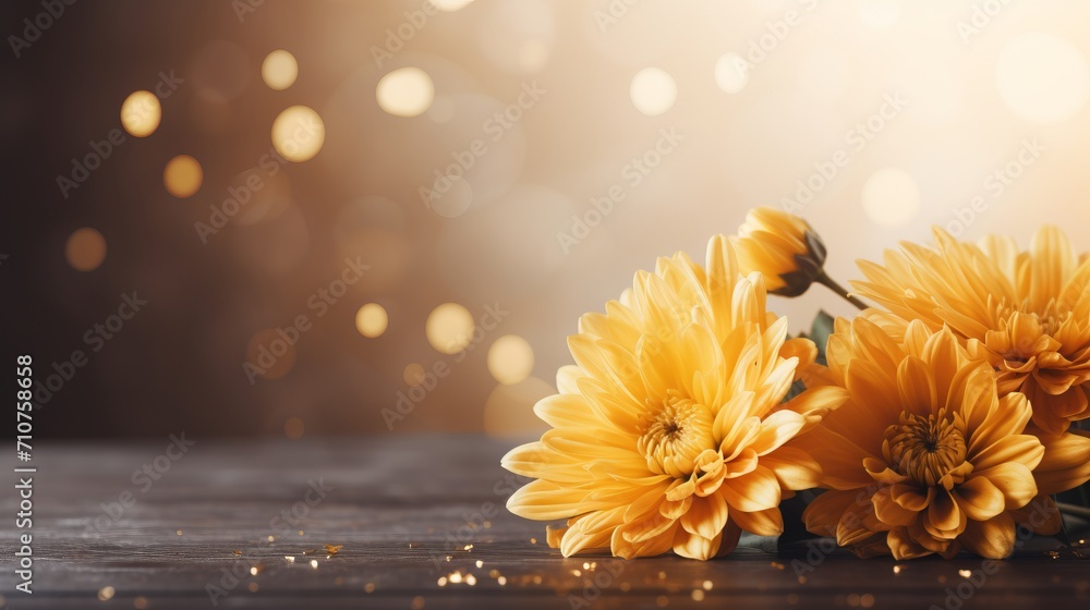 Poster yellow chrysanthemum on right side with isolated bokeh background, ample copy space on left