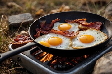 Fried eggs and bacon on a picnic in the autumn forest on a sunny meadow
