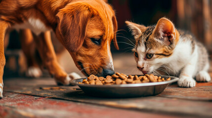 a dog and a cat eat from the same plate. Selective focus.