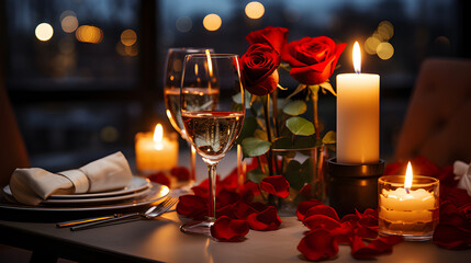 In the private dining room of a high-end restaurant, a carefully selected bouquet of red roses, a bottle of champagne - Valentine's day or mother day holiday concept