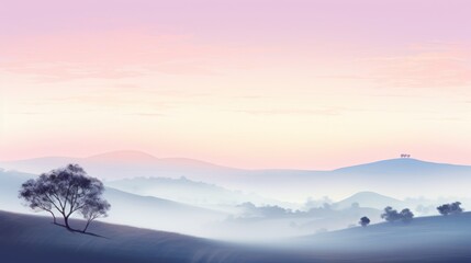  a painting of a tree in the middle of a foggy field with hills in the distance in the distance.