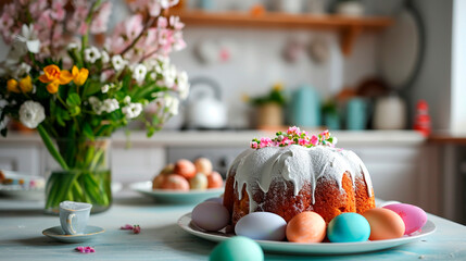 Obraz na płótnie Canvas Easter cake and eggs on the table. Selective focus.