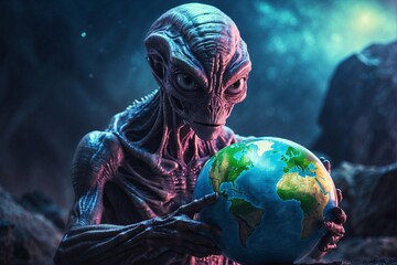 Angry enormous alien holding Earth globe, concept of extraterrestrial intelligence