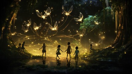  a group of children holding hands in front of a tree with fairy lights and fairy wings in the night sky.