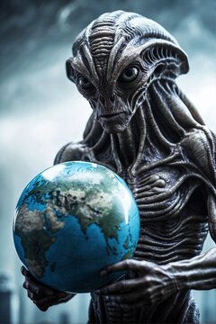 Angry enormous alien holding Earth globe, concept of extraterrestrial intelligence
