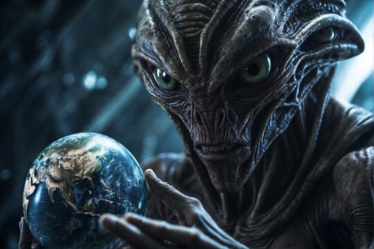 Angry enormous alien holding Earth globe, concept of extraterrestrial intelligence