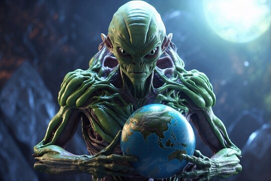 Angry enormous alien holding Earth globe, concept of extraterrestrial intelligence