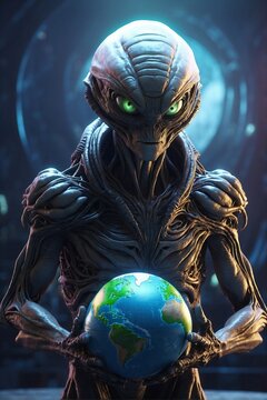Angry enormous alien holding Earth globe, concept of extraterrestrial intelligence