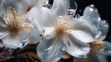  a close up of white flowers with drops of water on the petals and in the middle of the petals, on a black background.