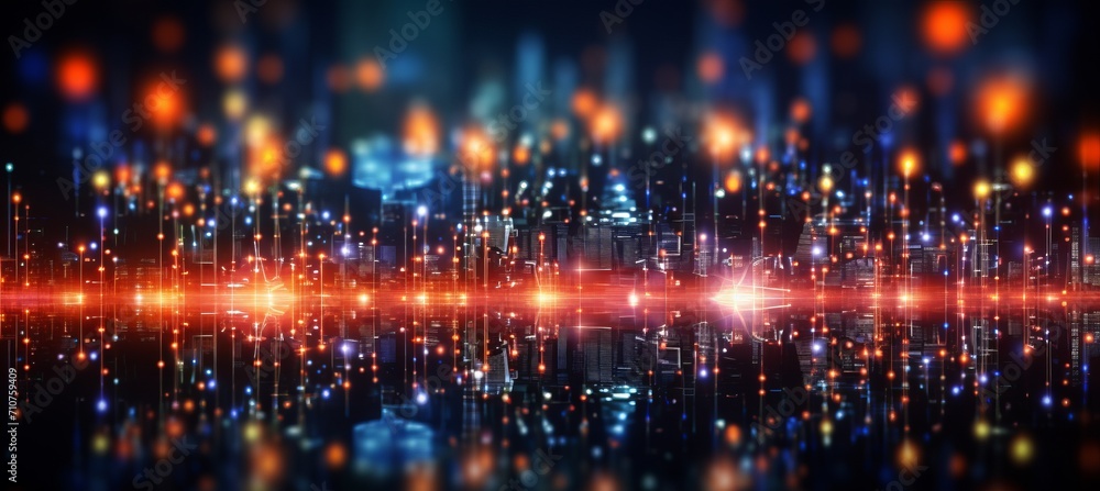 Poster abstract financial technology symbols with blurred bokeh background and dynamic light streaks