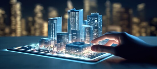 a man using a digital tablet, and a hologram of a modern building.