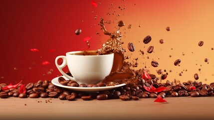 coffee cup with splashing coffee and flying coffee beans on beige gradient background