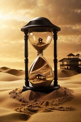 Golden sand flowing in an hourglass transforms into real estate, concept of property investment - obrazy, fototapety, plakaty