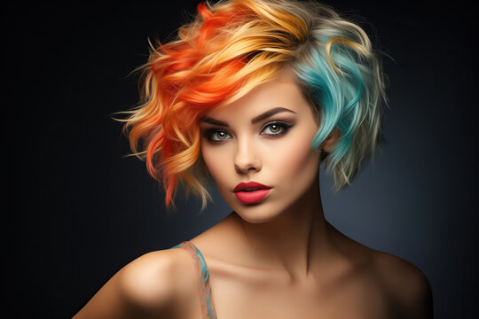 A captivating beautiful woman with an array of vividly colored hair captures attention as she gracefully poses for an artistic photograph