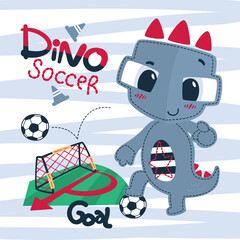 Cute cartoon dinosaur boy soccer player stepping the ball and pointing forward on striped background illustration vector, for t-shirt print. © singtamuang