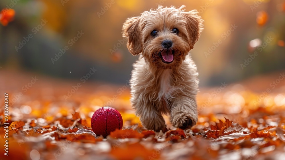 Poster a small dog running through a field of leaves with a red ball in the foreground and trees in the bac