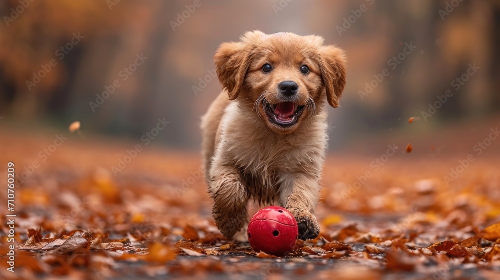 Poster a dog running with a red ball in it's mouth in a leafy area with trees in the background.
