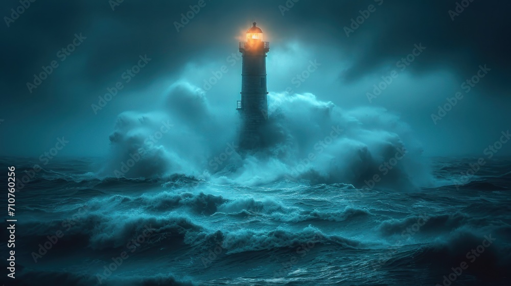 Poster a lighthouse in the middle of a large body of water with a light on top of it in the middle of a sto